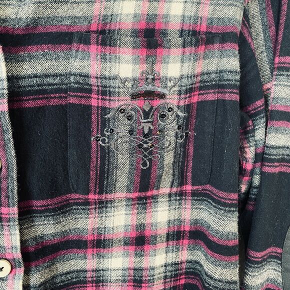 Soft Surroundings Magenta Black Plaid Button Elbow Patch Embroidered Back M - Picture 5 of 11